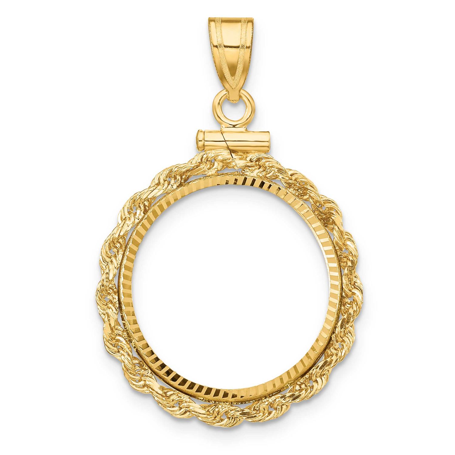 Rope and Diamond-Cut 17.8mm x 1.35mm Screw Top Coin Bezel Pendant 10k Gold Polished 10C1215D/17.8