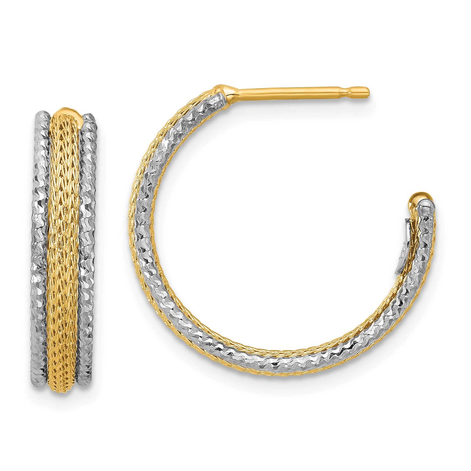 Polished Textured Diamond-Cut J-Hoop Earrings 14k Gold with Rhodium LE2726 196904334935