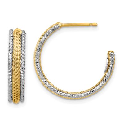 Polished Textured Diamond-Cut J-Hoop Earrings 14k Gold with Rhodium LE2726 196904334935