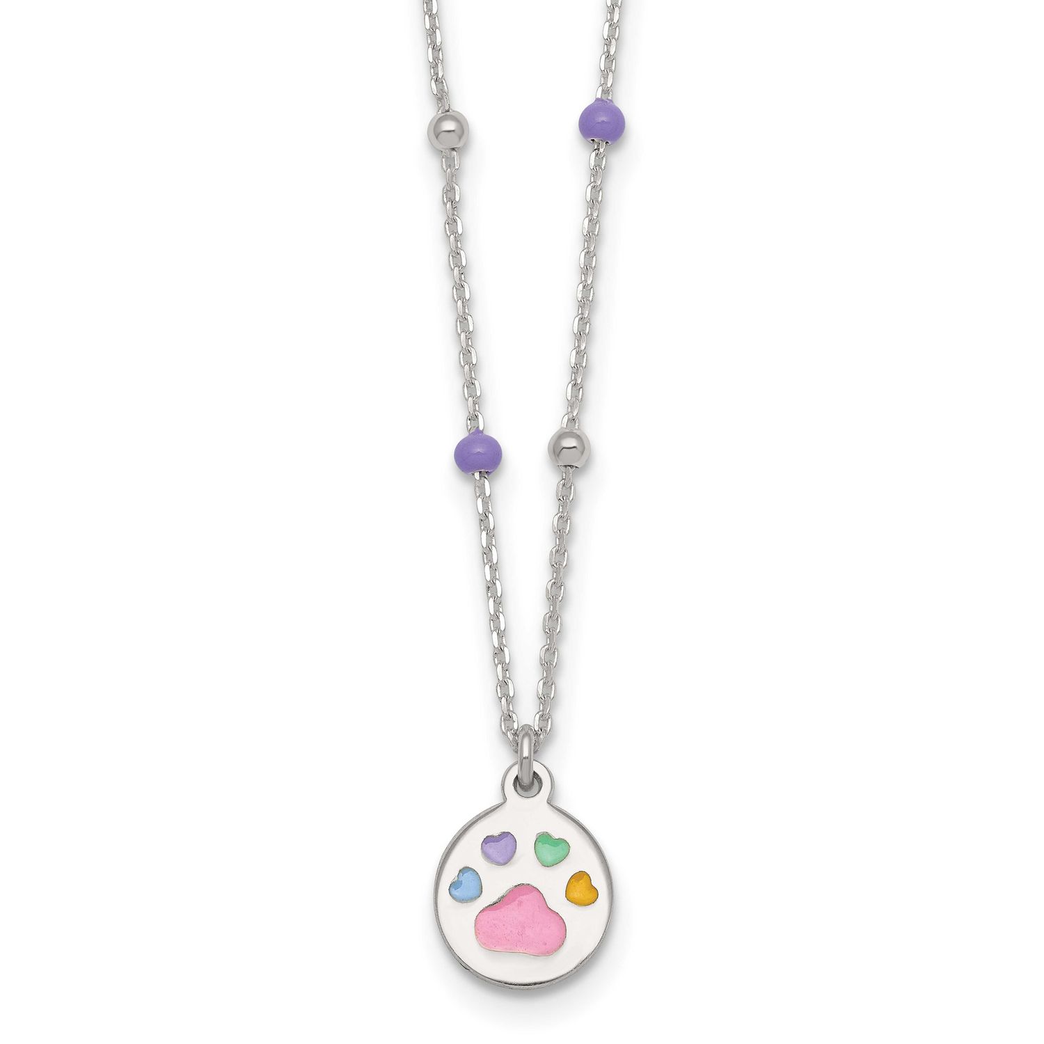 Beaded Enameled Heart Pawprint Children&#39;s Necklace Sterling Silver QG7276-14