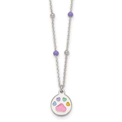 Beaded Enameled Heart Pawprint Children&#39;s Necklace Sterling Silver QG7276-14