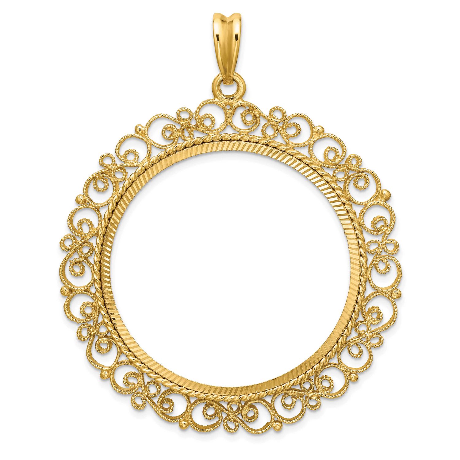 Textured and Diamond-Cut Victorian 37.0mm Prong Coin Bezel Pendant 14k Gold Polished C2819D/37.0