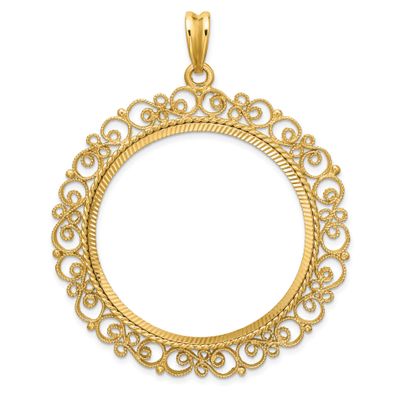 Textured and Diamond-Cut Victorian 37.0mm Prong Coin Bezel Pendant 14k Gold Polished C2819D/37.0