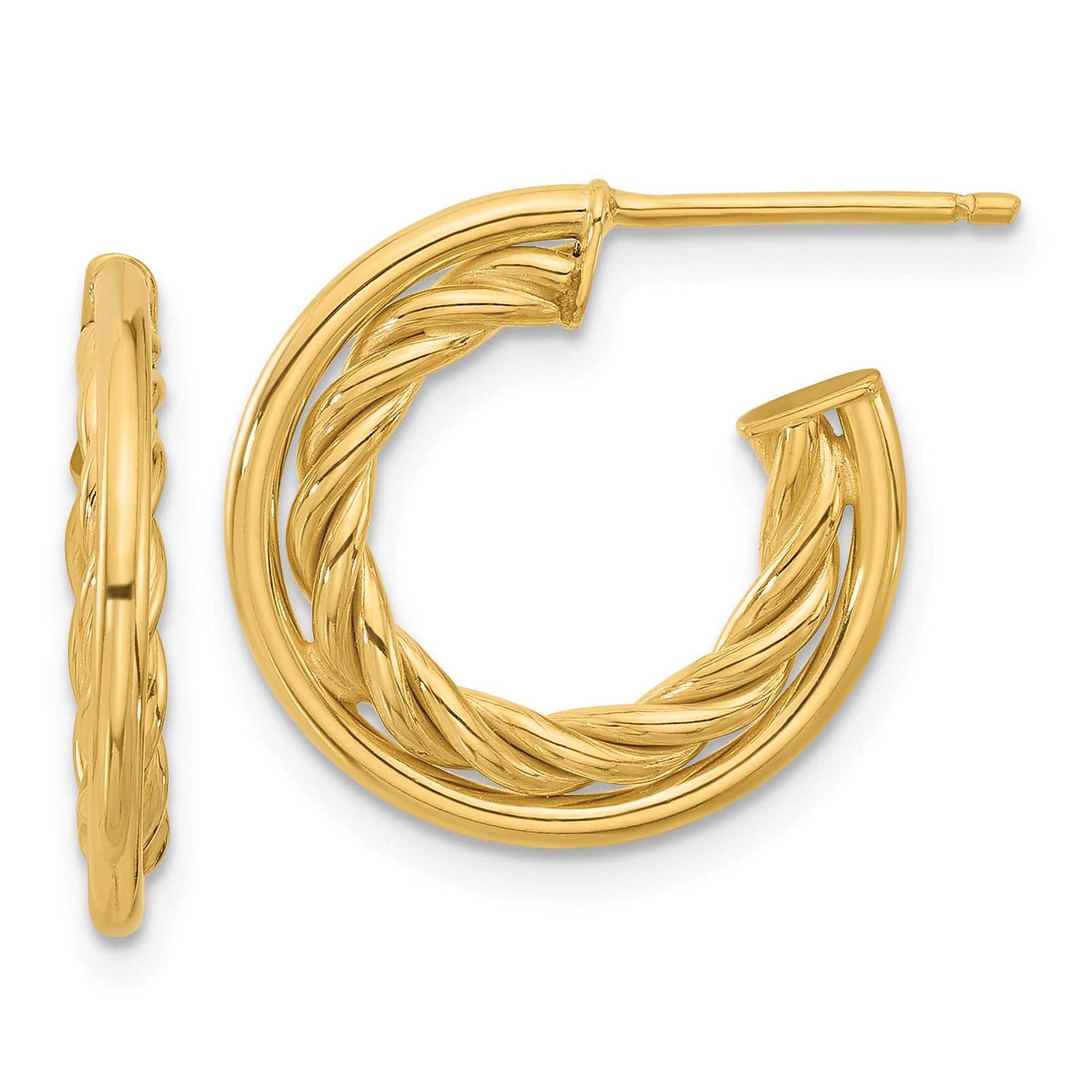 J-Hoop Post Earrings 14k Gold Polished and Textured LE2606 196904171318