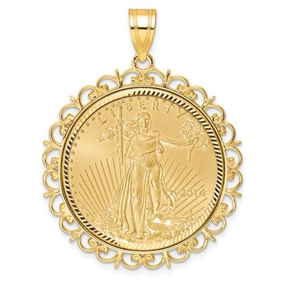 Fancy Diamond-Cut Prong Mounted 1/2Oz American Eagle Coin Bezel Pendant 14k Gold C8198/27.0C