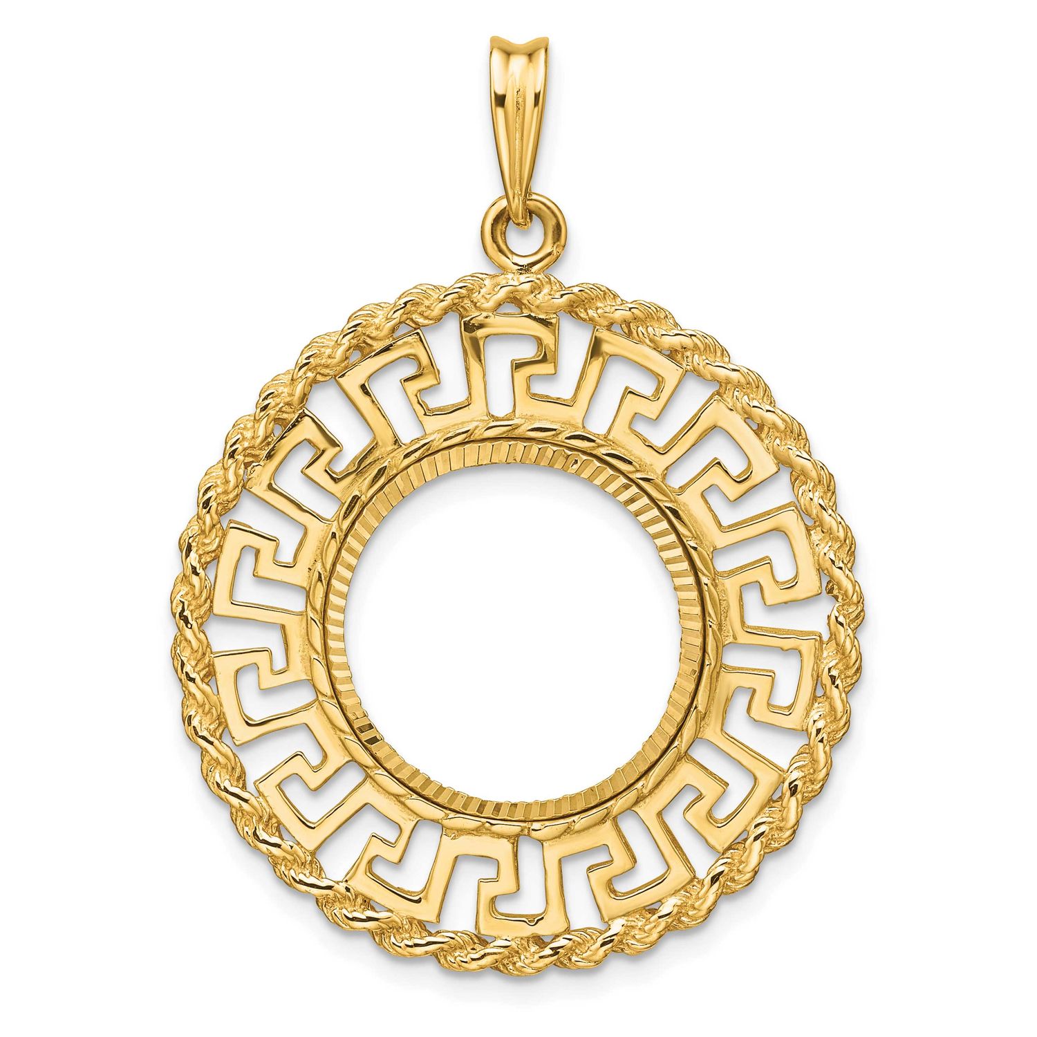 Diamond-Cut Greek Key with Rope Border 16.5mm Prong Coin Bezel Pendant 14k Gold Polished C3013D/16.5