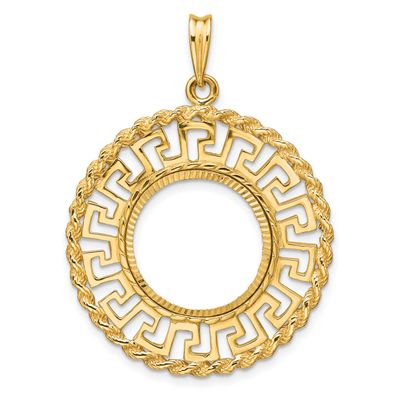 Diamond-Cut Greek Key with Rope Border 16.5mm Prong Coin Bezel Pendant 14k Gold Polished C3013D/16.5