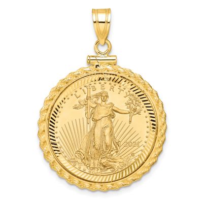 Diamond-Cut Casted Rope Screw Top Mounted 1/4Oz American Eagle Coin Bezel Pendant 14k Gold C8196/22…