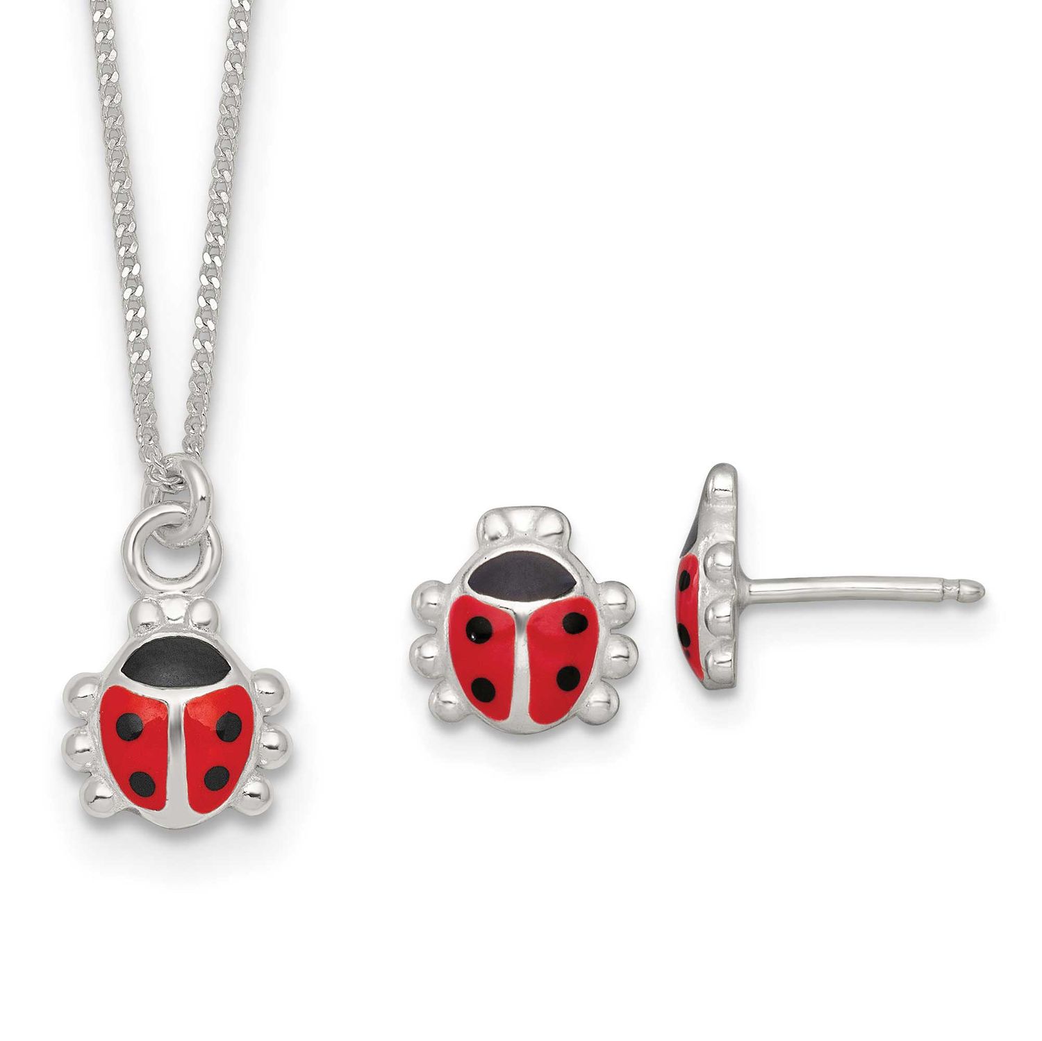 Enameled Lady Bug Children&#39;s Earrings and Necklace Set Sterling Silver QST290SET