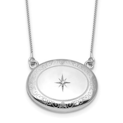 Diamond Floral 20mm Oval Locket with 2 Inch Extender Necklace Sterling Silver Rhodium-plated QLS1231