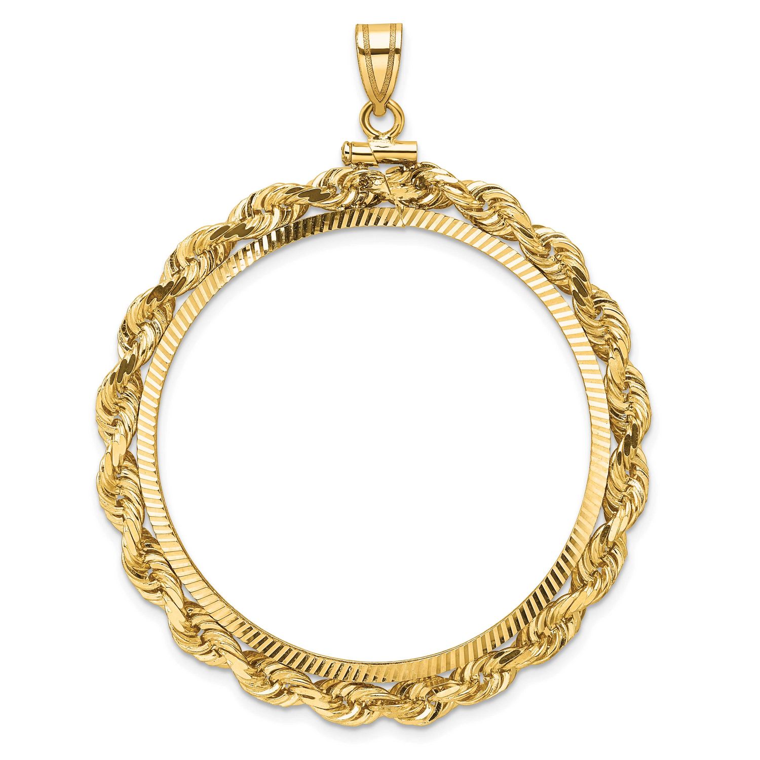 Rope and Diamond-Cut 37.0mm x 2.85mm Screw Top Coin Bezel Pendant 14k Gold Polished C3275D/37.0