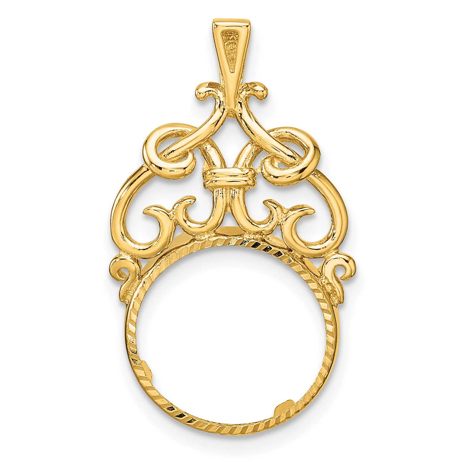 Fancy Filigree Top and Diamond-Cut 13.0mm Prong Coin Bezel Pendant 14k Gold Polished C1504D/13.0