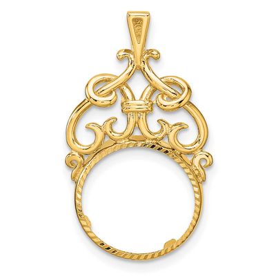 Fancy Filigree Top and Diamond-Cut 13.0mm Prong Coin Bezel Pendant 14k Gold Polished C1504D/13.0