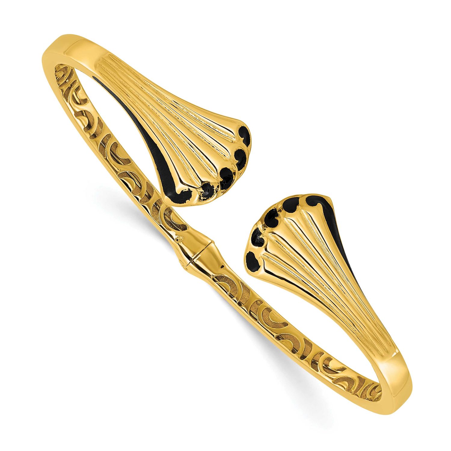 Black Enamel Polished Fancy Hinged Cuff Bangle 14k Gold LF2093