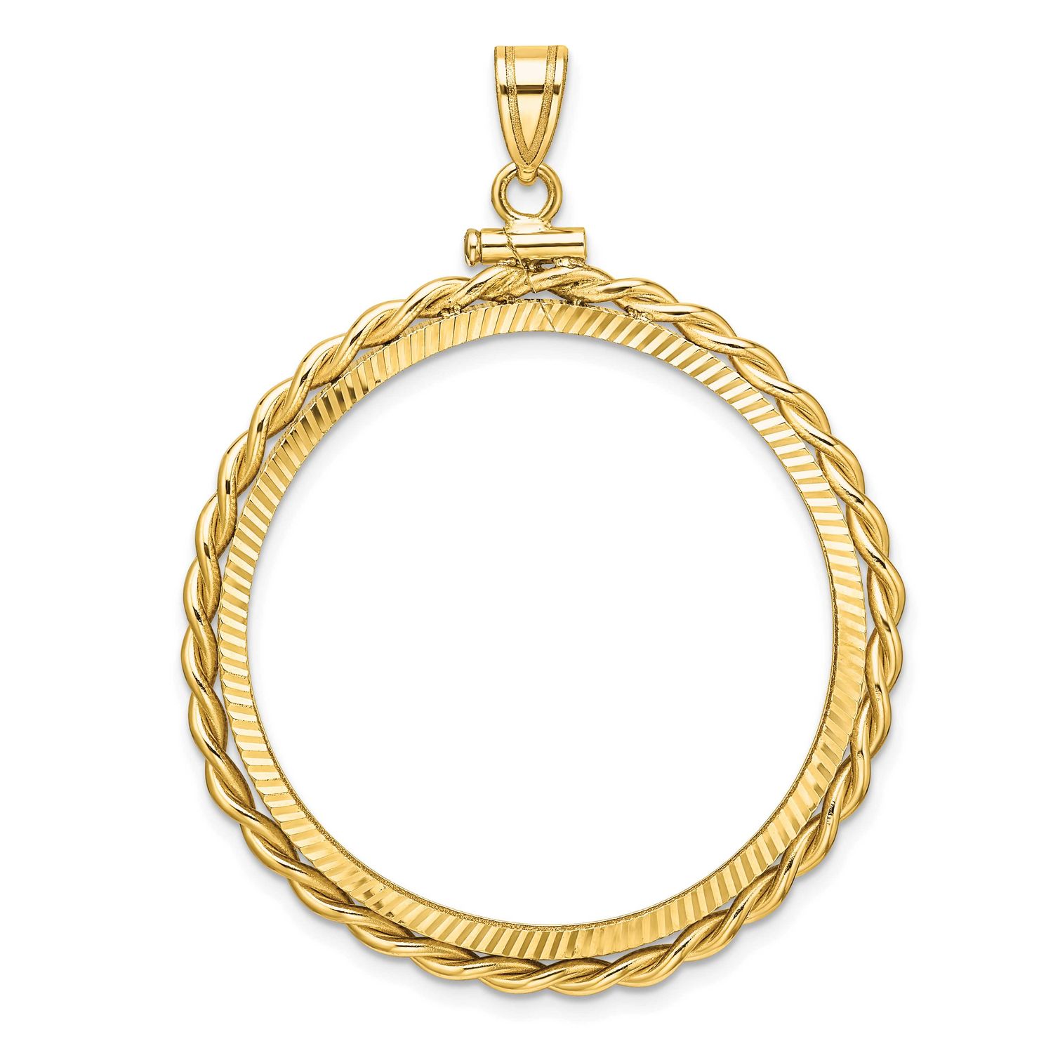 Twisted Wire and Diamond-Cut 32.7mm x 3.00mm Screw Top Coin Bezel Pendant 14k Gold Polished C2271D/…