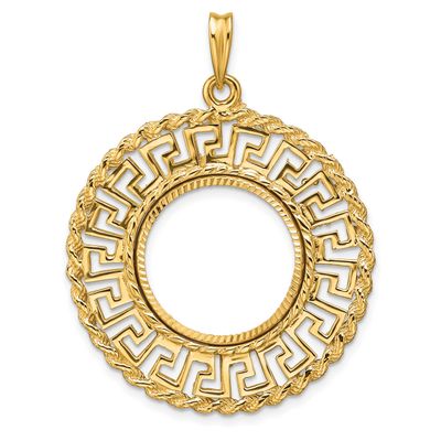 Diamond-Cut Greek Key with Rope Border 17.8mm Prong Coin Bezel Pendant 14k Gold Polished C3013D/17.8