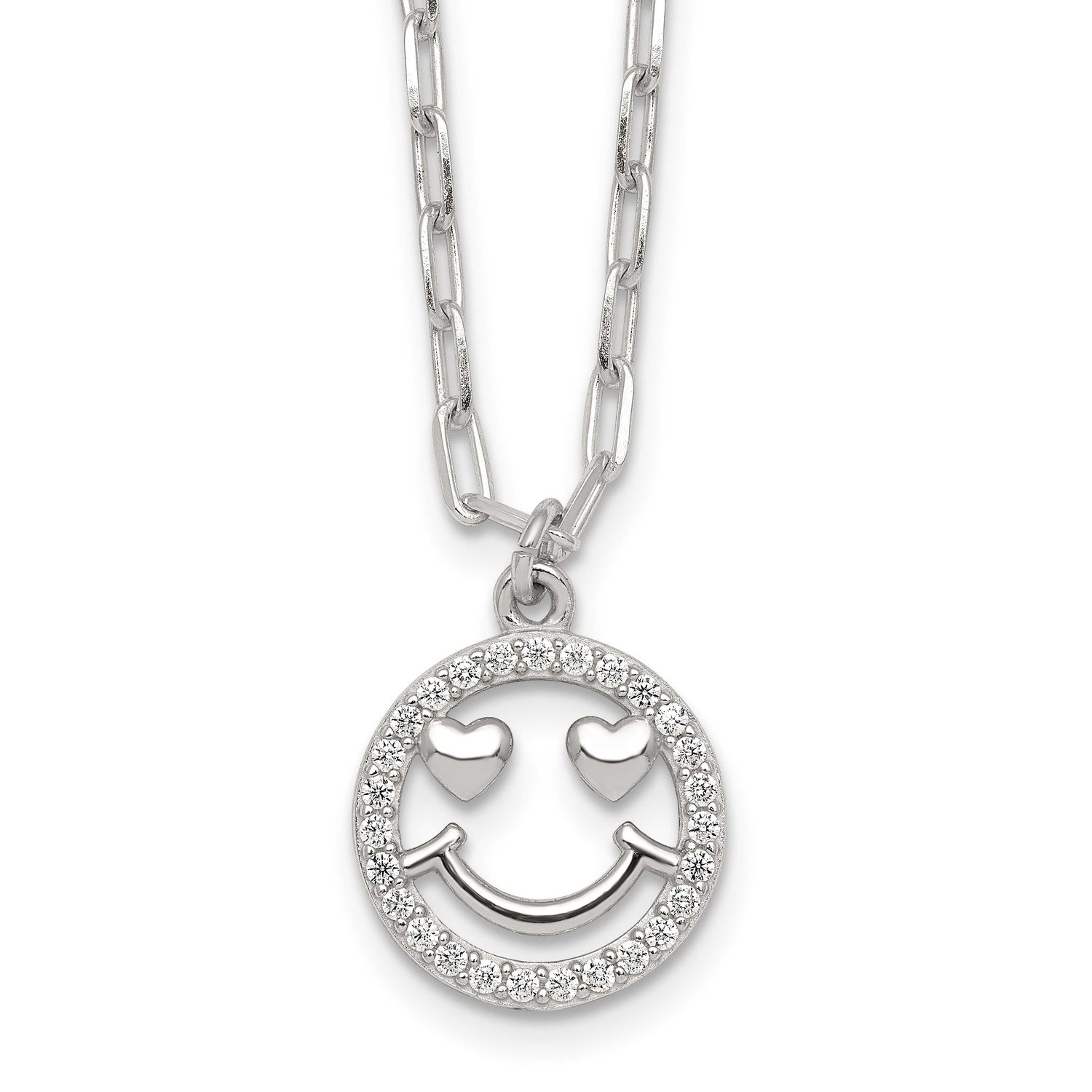 CZ Heart Eyes Smiley Face Necklace Sterling Silver Polished QG7274-16