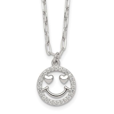 CZ Heart Eyes Smiley Face Necklace Sterling Silver Polished QG7274-16