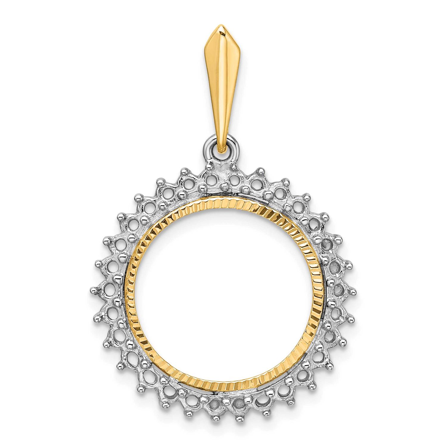 Diamond-Cut Diamond Circle 16.5mm Prong Coin Bezel Pendant Mounting 14k Two-tone Gold Polished CS39…