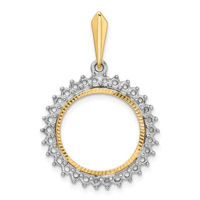 Diamond-Cut Diamond Circle 16.5mm Prong Coin Bezel Pendant Mounting 14k Two-tone Gold Polished CS39…