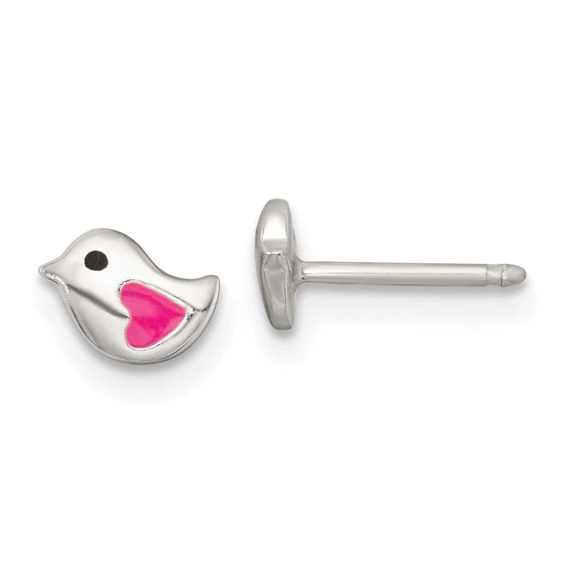 Enameled Heart Bird Children&#39;s Post Earrings Sterling Silver Polished QE18312