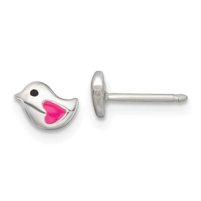 Enameled Heart Bird Children&#39;s Post Earrings Sterling Silver Polished QE18312
