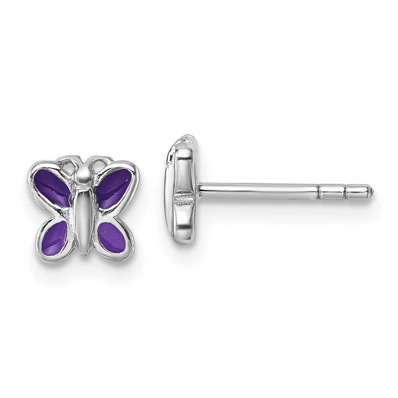 Children&#39;s Purple Enamel Butterfly Post Earrings Sterling Silver Rhodium-plated QE18259