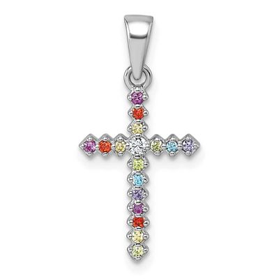 Children&#39;s Multi Color CZ Cross Pendant Sterling Silver Rhodium-plated QP5953