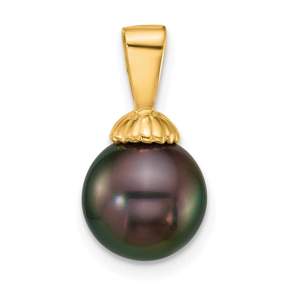8-9mm Round Blk Tahitian Saltwater Cultured Pearl Pendant 14k Gold XF870