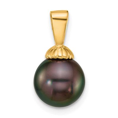 8-9mm Round Blk Tahitian Saltwater Cultured Pearl Pendant 14k Gold XF870
