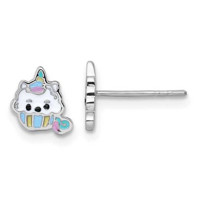 Enamel Unicorn Cupcake Children&#39;s Post Earrings Sterling Silver Rhodium-plated QE18284
