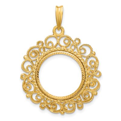 Textured and Diamond-Cut Victorian 16.0mm Prong Coin Bezel Pendant 14k Gold Polished C2819D/16.0