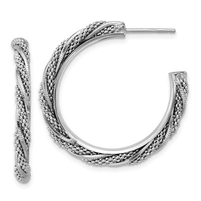Polish/Textured Twisted J-Hoop Post Earrings Sterling Silver Rhodium-plated QLE1546