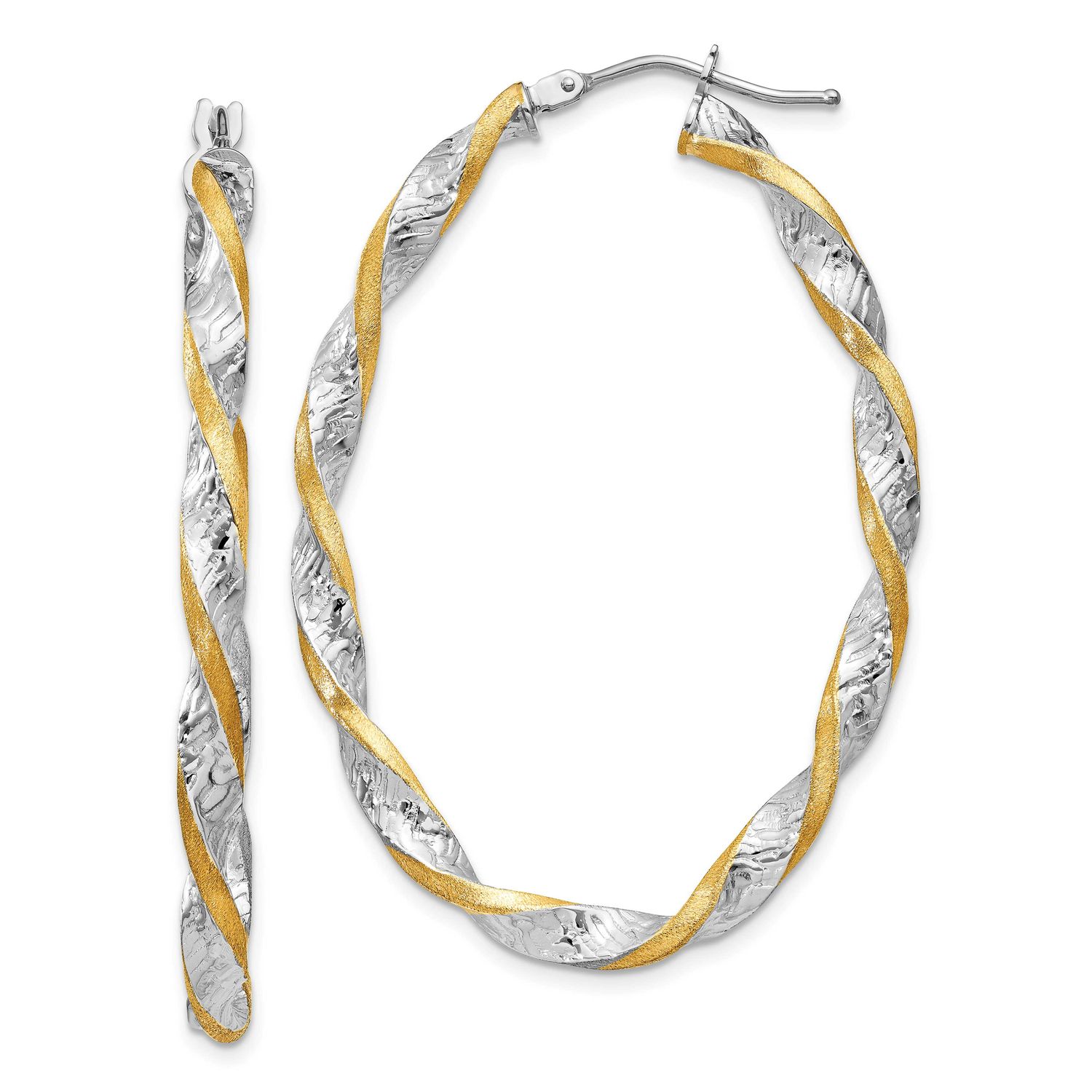 Yellow Rhodium Twisted Diamond-Cut Oval Hoop Earrings 14k White Gold PRE782 883957556819