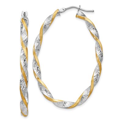 Yellow Rhodium Twisted Diamond-Cut Oval Hoop Earrings 14k White Gold PRE782 883957556819