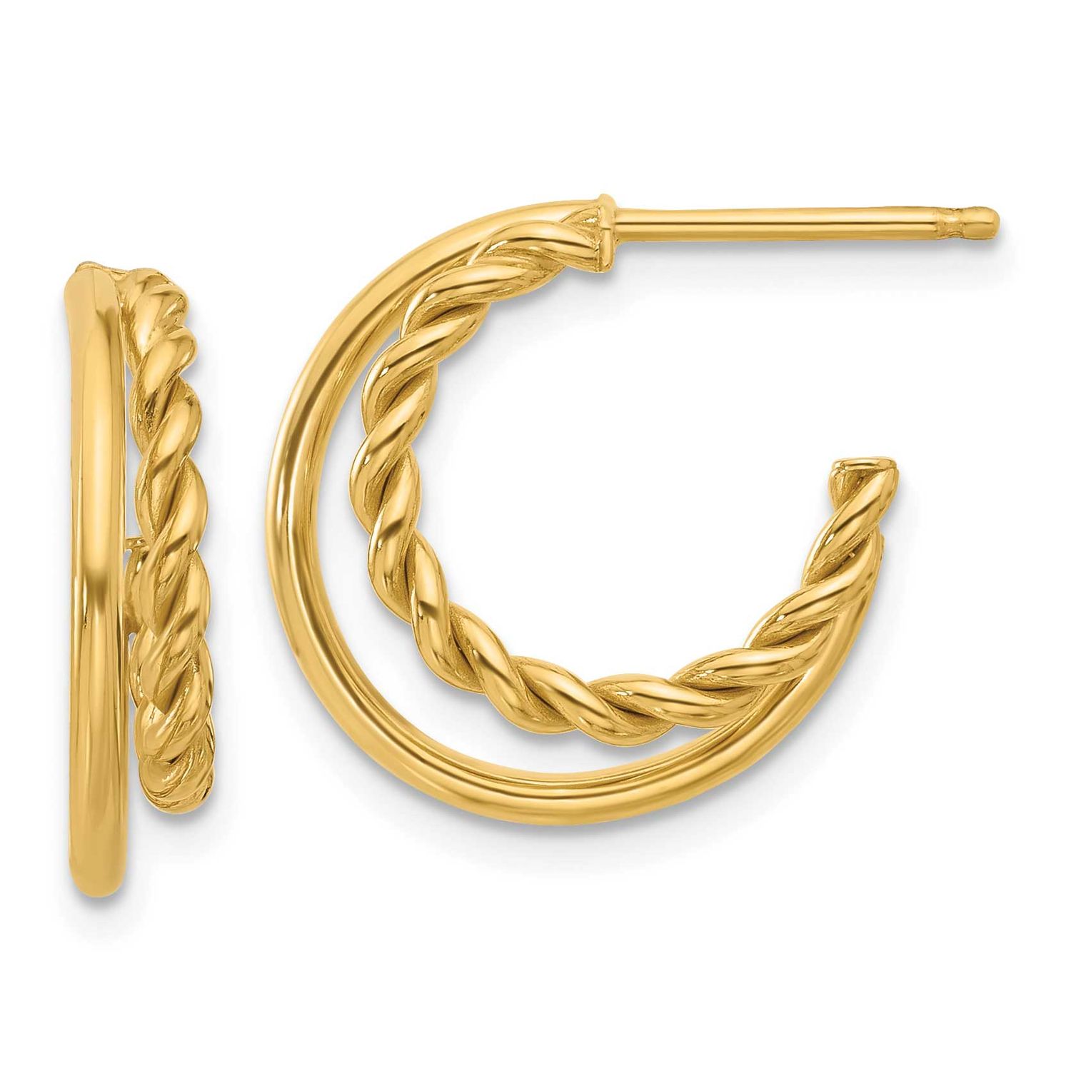 2-Row J-Hoop Post Earrings 14k Gold Polished and Textured LE2604 196904342176