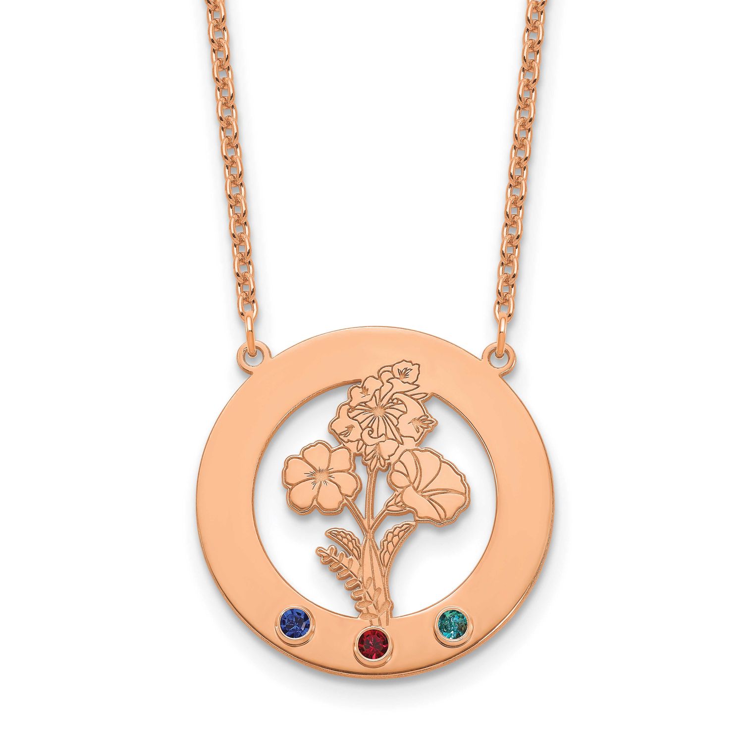 Circle with 3 Birth Flower and Birthstone Necklace Sterling Silver Rose-plated XNA1487/3RP