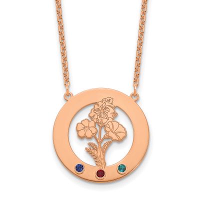 Circle with 3 Birth Flower and Birthstone Necklace Sterling Silver Rose-plated XNA1487/3RP