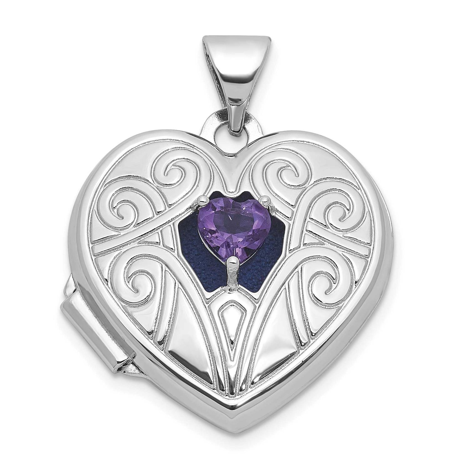 Amethyst February Birthstone 18mm Heart Locket Sterling Silver Rhodium-plated QLS1200/FEB