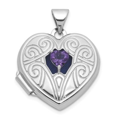Amethyst February Birthstone 18mm Heart Locket Sterling Silver Rhodium-plated QLS1200/FEB