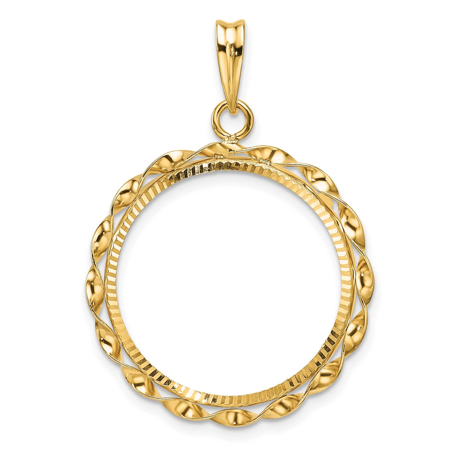 Hand Twisted Ribbon and Diamond-Cut 21.6mm Prong Coin Bezel Pendant 14k Gold Polished C3996D/21.6