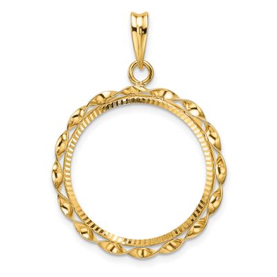 Hand Twisted Ribbon and Diamond-Cut 21.6mm Prong Coin Bezel Pendant 14k Gold Polished C3996D/21.6