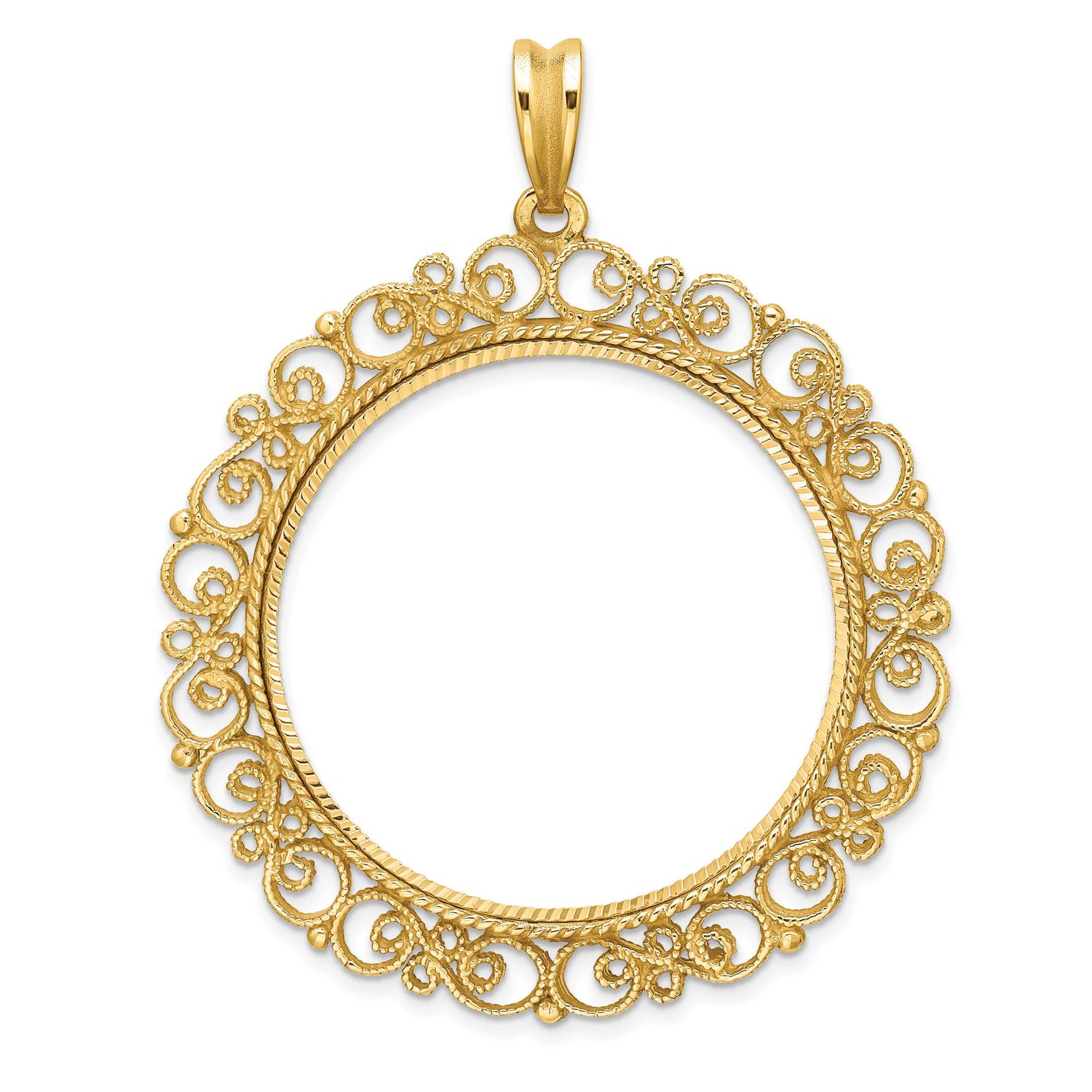 Textured and Diamond-Cut Victorian 34.2mm Prong Coin Bezel Pendant 14k Gold Polished C2819D/34.2