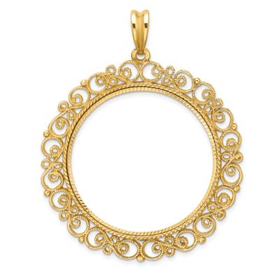Textured and Diamond-Cut Victorian 34.2mm Prong Coin Bezel Pendant 14k Gold Polished C2819D/34.2