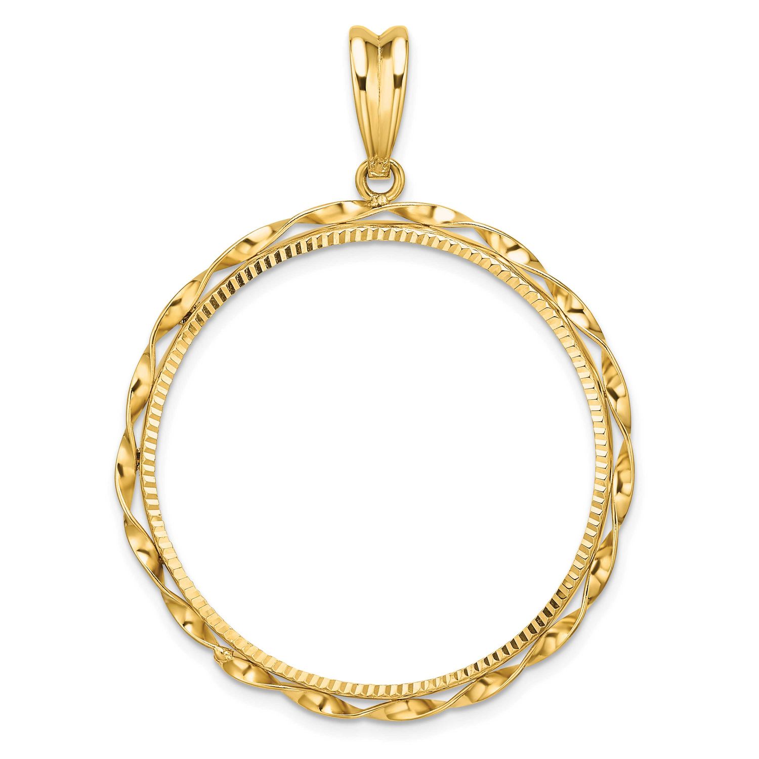 Hand Twisted Ribbon and Diamond-Cut 32.0mm Prong Coin Bezel Pendant 14k Gold Polished C3996D/32.0