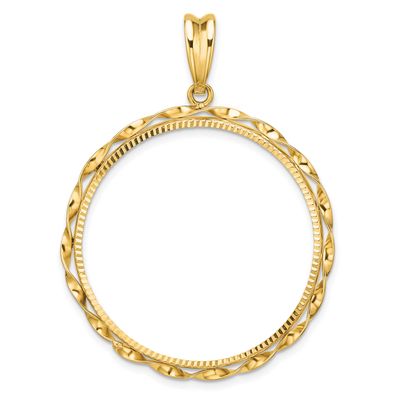 Hand Twisted Ribbon and Diamond-Cut 32.0mm Prong Coin Bezel Pendant 14k Gold Polished C3996D/32.0