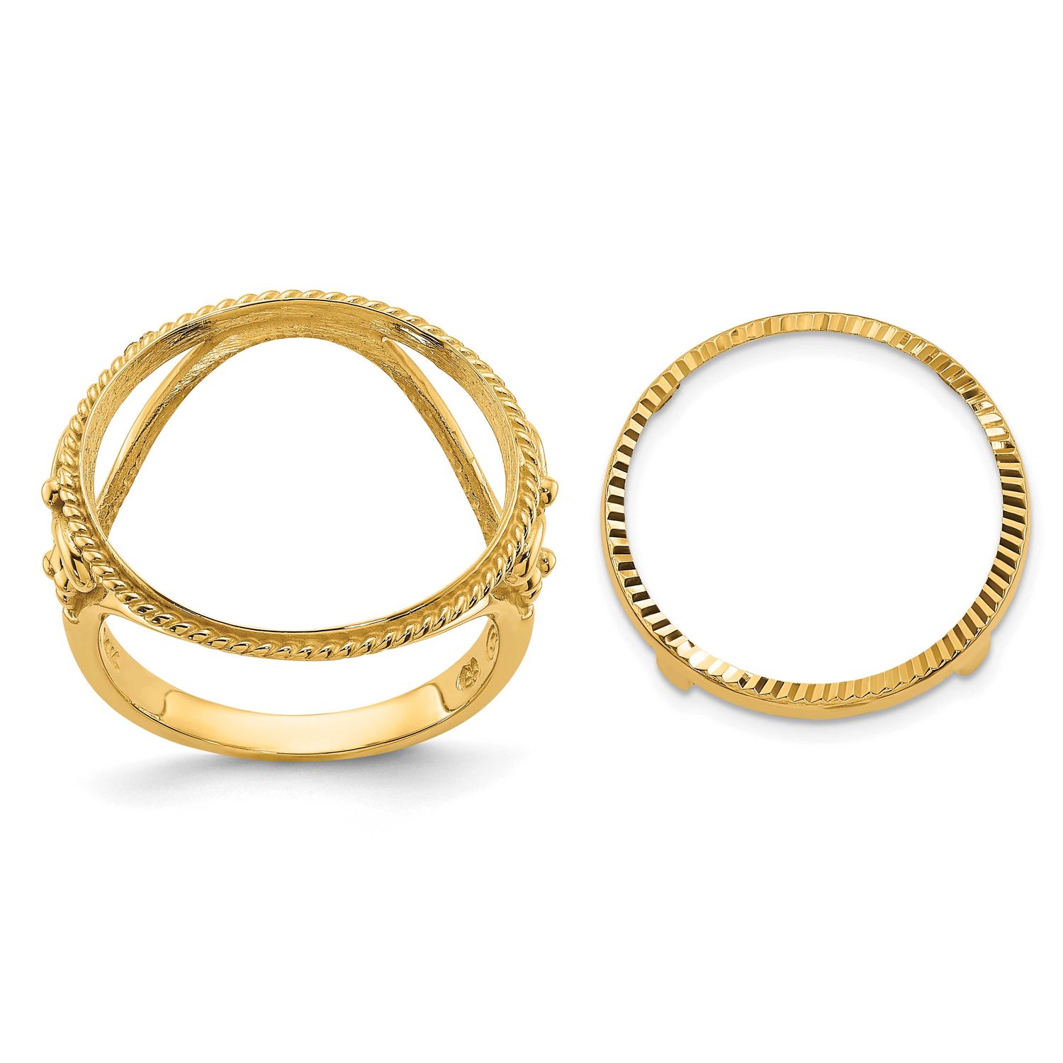 Ladies Polished and Diamond-Cut Fancy Wire with Twisted Edge 14.0mm Coin Bezel Ring 14k Gold R1541D…