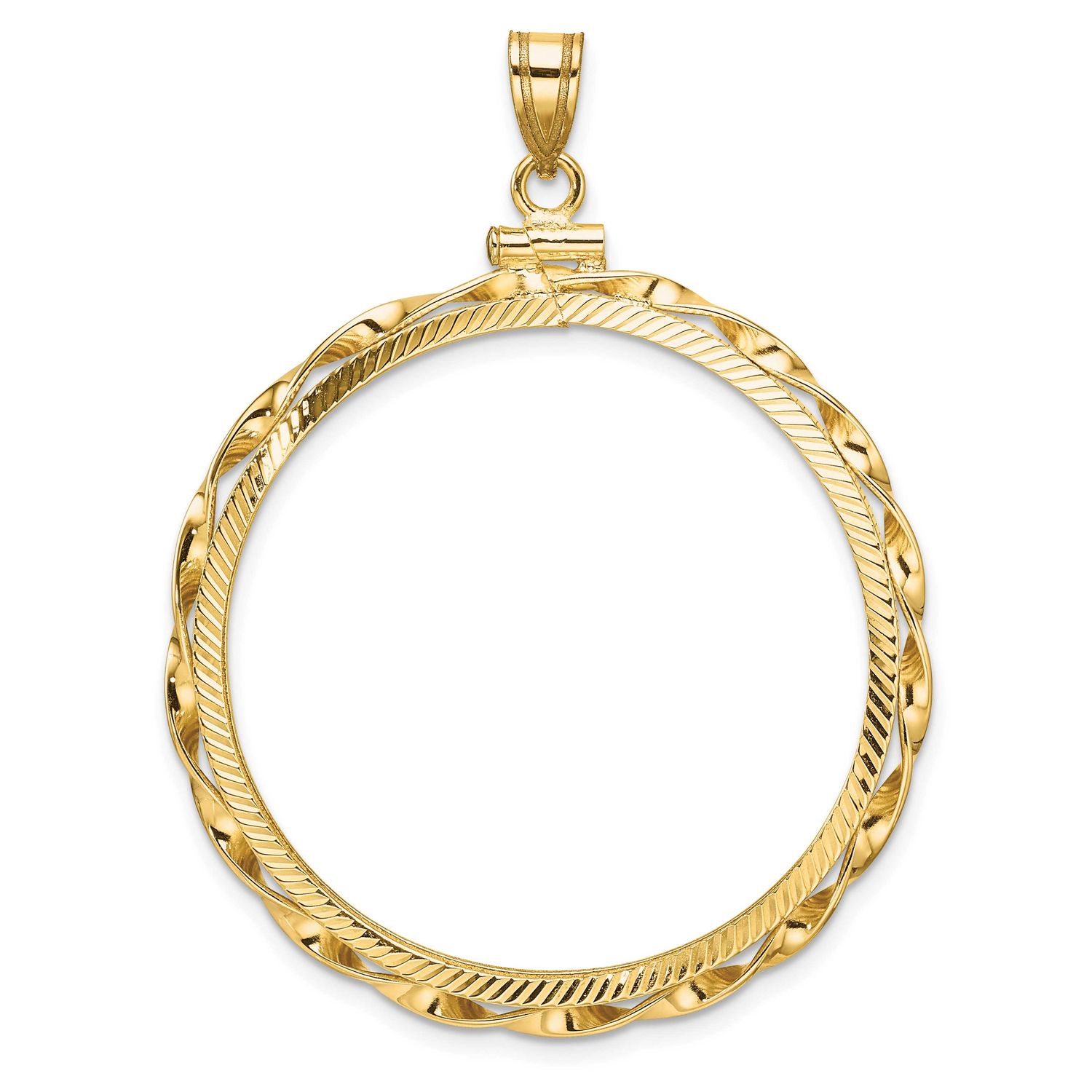 Hand Twisted Ribbon and Diamond-Cut 34.2mm x 2.85mm Screw Top Coin Bezel Pendant 14k Gold Polished …