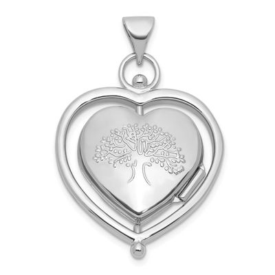 Tree of Life Flowers Spinning Reversible 15mm Heart Locket Sterling Silver Rhodium-plated QLS1220
