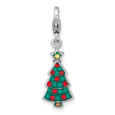 Amore La Vita Rh-Pl Green Multi Color Crystal Christmas Tree Charm Sterling Silver QCC1321